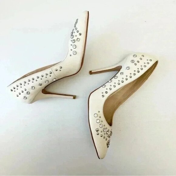 Aldo Cream Leather Pumps Pointed Toe High Heel Rhinestone Studded Stiletto 7.5 - Picture 15 of 16